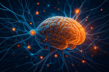 AI generated digital art of a human brain with glowing neural connections and energy signals in vibrant orange and blue tones showing intelligence and futuristic science concept