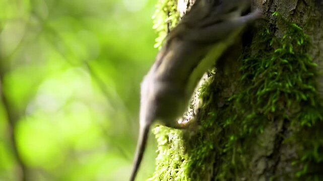 Closeup European Dormouse Climbing on Mossy Tree Trunk in Forest With Sunlight