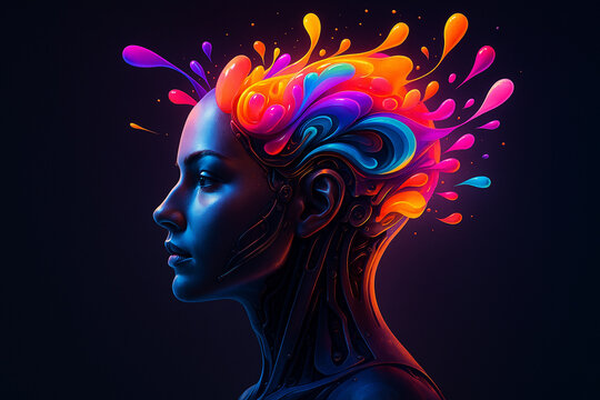 AI generated conceptual art of a cyborg woman with a glowing colorful brain energy burst symbolizing imagination creativity and futuristic technology in a surreal fantasy style