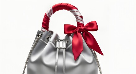 silver bucket bag with a handle wrapped in red and white fabric, with a red bow