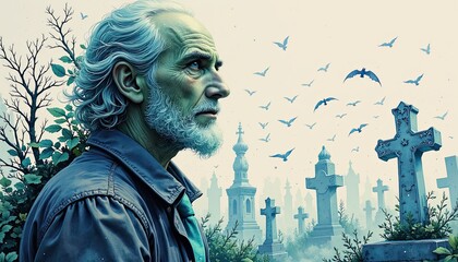 Obraz premium Halloween horror theme, Double exposure, Elderly Man in Cemetery Surrounded by Gravestones, Trees, and Flying Bats at Dusk