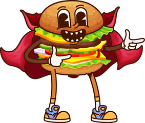 Cartoon groovy hamburger fast food character with a red cape, expressive face, and dynamic hand gestures. Vector funky and friendly burger defender fastfood personage for kids menus or promotions