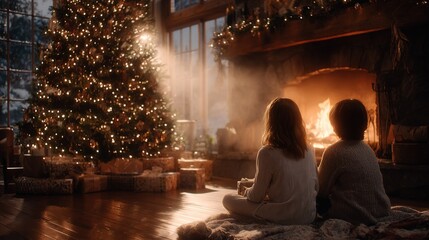 Two children sitting on  rug in front of  warm fireplace with  decorated Christmas tree and gifts nearby