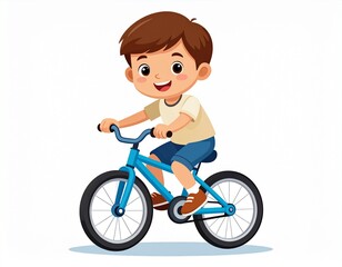 A cheerful cartoon boy rides a blue bicycle, promoting activity and outdoor fun for kids