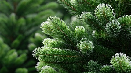 Close up detailed view of vibrant green pine tree branches with soft focus background