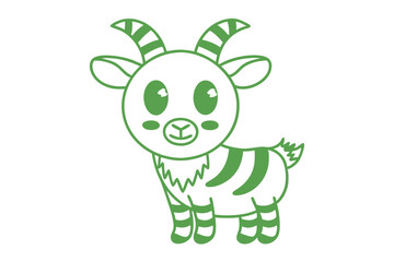 Green line art depicts a cute, whimsical cartoon goat with striped body
