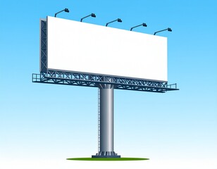 Obraz premium Blank billboard sign against a clear blue sky with spotlights illuminating the white advertising space