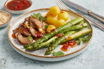 Asparagus with oyster mushrooms and potatoes