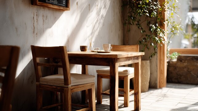 Two rustic wooden chairs flank  small table with  teacup saucer sugar cubes and  decorative reed diffuser bathed in soft natural light entering  cafe