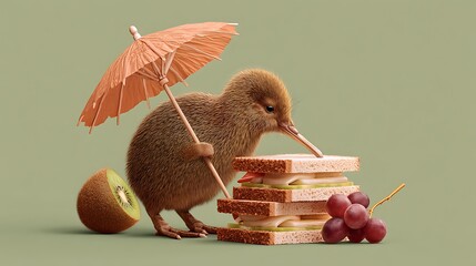 Kiwi bird with umbrella near sandwich and fruit still life a whimsical food scene perfect for children's illustration and playful designs