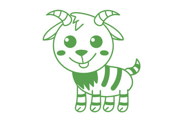 Striped cartoon goat with simple design stands smiling; the is clean