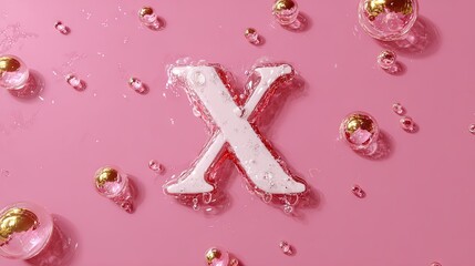 Pink letter X outlined by water droplets and bubbles.