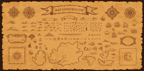 Fototapeta premium Vintage pirate map constructor, vector set of elements on aged parchment background for treasure hunt, exploration and fantasy adventure. Compass roses, sea monsters, sailing ships, skulls and islands