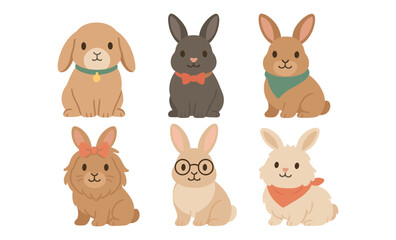 Cute cartoon bunnies with accessories in soft pastel colors