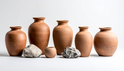Group of handcrafted terracotta pots with smooth stones arranged on a white background, showcasing rustic elegance.