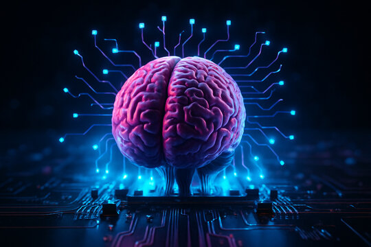 AI generated digital art of human brain connected to circuit board glowing with neon lights symbolizing artificial intelligence innovation and futuristic technology
