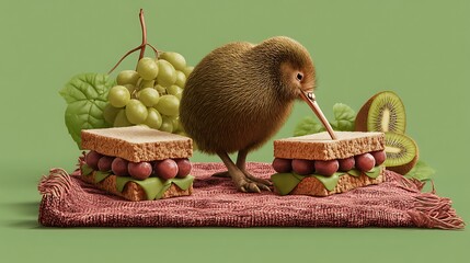 Kiwi bird with grape sandwiches and fresh kiwi fruit a whimsical food illustration for healthy eating and creative designs