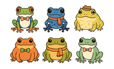 Obraz premium Charming cartoon frogs in fashionable outfits with bowties and scarves