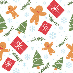 Christmas seamless pattern on white background vector. Wallpaper design with christmas tree, snowflake, gift, gingerbread, leaves. Illustration for packaging, wrapping, banner, fabric, print.