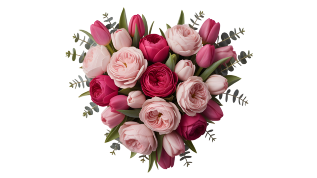Pink and red roses and tulips arranged in a heart shape floral arrangement display
