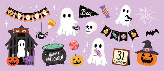 Happy Halloween day element background vector. Cute collection of spooky ghost, pumpkin, bat, candy, cat, skull, spider, grave. Adorable halloween festival elements for decoration, prints. 