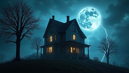 Halloween horror theme, Double exposure, Eerie House Under Full Moon with Lightning and Dark Clouds on a Stormy Night