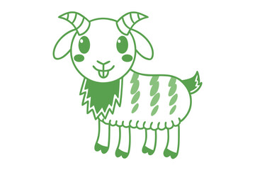 Simple cartoon goat smiles with green outlines standing on a white background