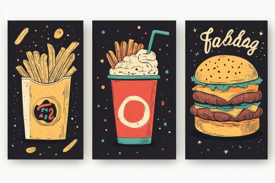 Enjoy delicious combo meal with french fries and burger at modern art style