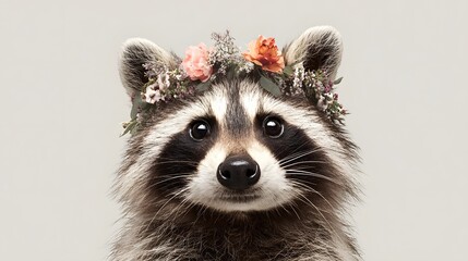 Adorable raccoon wearing a floral crown, showcasing its playful personality against a neutral backdrop