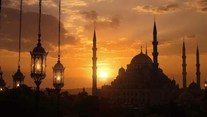Sacred evening view of a grand mosque silhouette with glowing Ramadan lanterns against a beautiful sunset sky.
