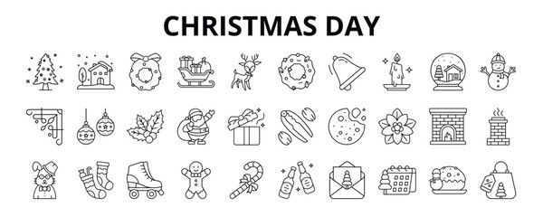 30 Christmas Day Line Icons Vector - Christmas Tree, Sleigh, Snowman, Santa Claus, Gift Box, Gingerbread, Holly