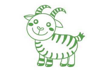 Isolated green cartoon goat with striped horns stands happily, showing a playful and whimsical nature