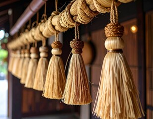 Traditional Japanese woven straw tassels hanging in a row, showcasing rustic craftsmanship and cultural heritage