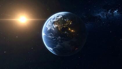 Obraz premium A sunless Earth drifting in silence through space, faint city lights flickering as AI mourns its vanished creators—an emotional vision of loneliness, cosmic solitude, and the quiet end of civilization