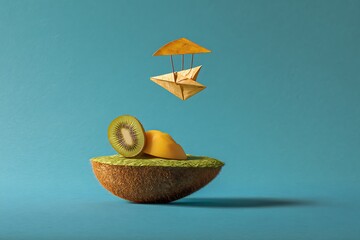 Kiwi fruit and mango on a kiwi island with origami hot air balloon on blue background for healthy food concept