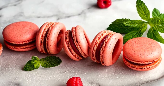 A row of pink raspberry macarons on a marble surface with fresh raspberries and mint leaves