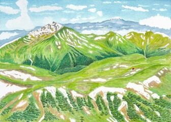 Obraz premium 北アルプス水晶岳（黒岳）山頂からの山々 黒部五郎岳と雲ノ平全景 霊峰白山遠景