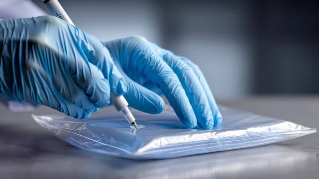 Evidence based procedures crime scene as investigators with gloved hands label, handle, document, and secure forensic sample sealed sterile plastic
