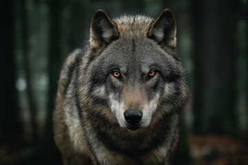 Wild Gray Wolf Standing in Forest with Piercing Yellow Eyes