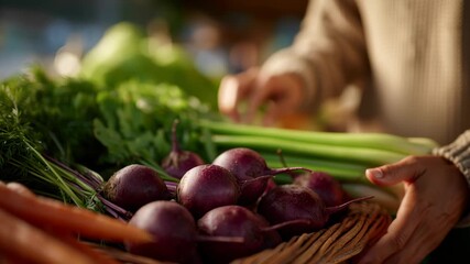 Person tending fresh vegetables at market with hand gently arranging organic produce, carrots, and beets in woven basket under natural light, surrounded by green leafy produce, healthy lifestyle - Powered by Adobe