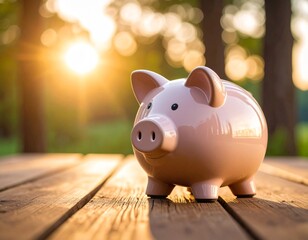 A piggy bank sits on a rustic wooden table in the golden glow of a sunset, symbolizing financial savings, investment, and planning for a prosperous future