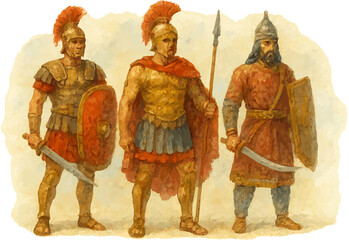 Obraz premium Watercolor Illustrations of Ancient Soldiers: Heroes in Action