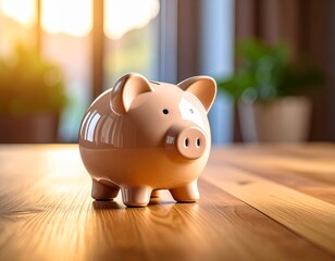 A close-up of a pink piggy bank on a wooden floor, symbolizing savings, investment, and financial planning for a secure future