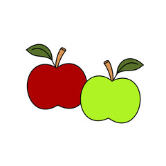 Two apples, one red and one green, are shown with their stems and leaves