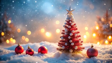 Obraz premium Small decorated christmas tree in the snow with red ornaments