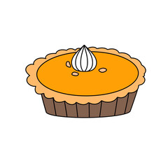 A cartoon drawing of a pumpkin pie with whipped cream on top