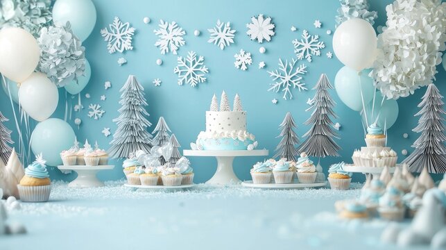 Backdrop composition, a blue and white colored background with snowflakes and tiny silver trees, a cake smash aesthetic, a winter wonderland,