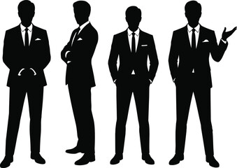 Silhouettes of businessmen in formal attire, various confident poses, ideal for corporate marketing, business presentations, leadership, and professional branding.
