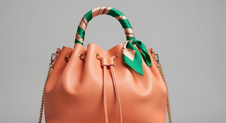 orange leather drawstring bucket bag with gold chain straps and a green and peach patterned scarf