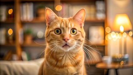 Close up of a ginger tabby cat with wide eyes in a cozy home setting